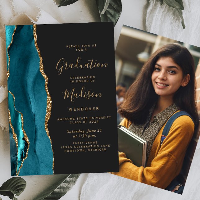 Class of 2025 Teal Agate Photo Dark Graduation Invitation (Creator Uploaded)
