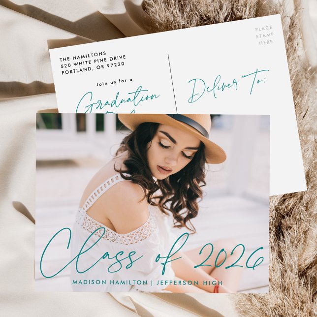 Class of 2025 Teal Script Photo Graduation Party Invitation Postcard (Creator Uploaded)