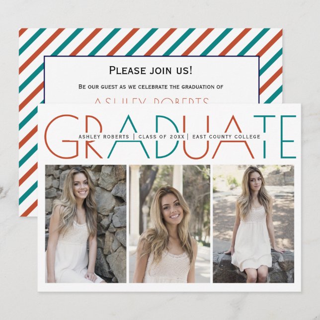 Class of 2025 terracotta and teal graduation photo invitation (Front/Back)