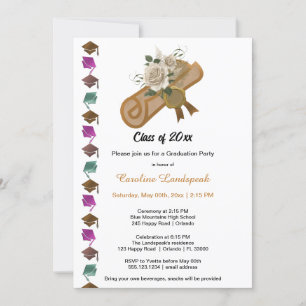Class of 2025 White Roses & Gold Foil diploma Invitation
