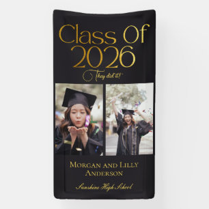 Class of 2026 2 Photo Twins Black Gold Typography Banner