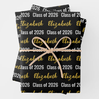 Class of 2026 and Graduate's Name Black White Gold Wrapping Paper Sheet