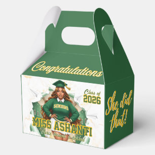 Class of 2026 Black Girl Graduation Green & Gold Favor Box