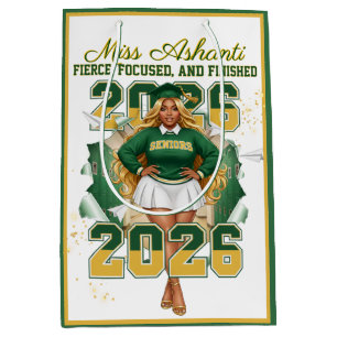 Class of 2026 Black Girl Graduation Green & Gold Medium Gift Bag