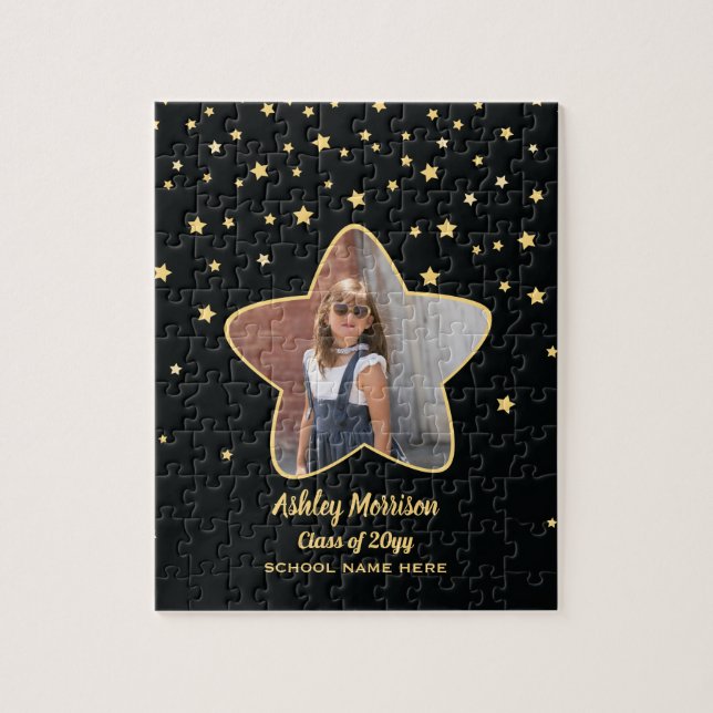Class of 2026 Black & Gold Stars Photo Graduation Jigsaw Puzzle (Vertical)