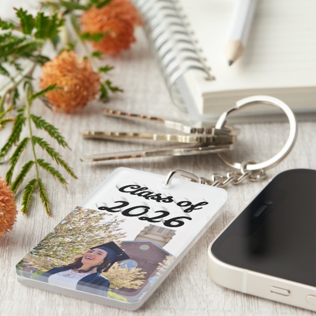 Class of 2026 black script graduation photo  keychain (Front Right)
