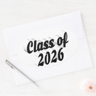 Class of 2026 black text graduation oval sticker