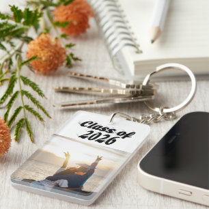 Class of 2026 black text graduation photo keychain