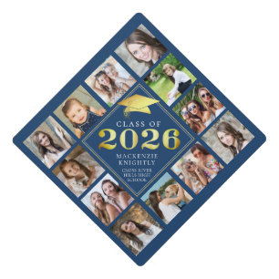 Class of 2026 Blue Gold 12 Photo Collage Graduation Cap Topper