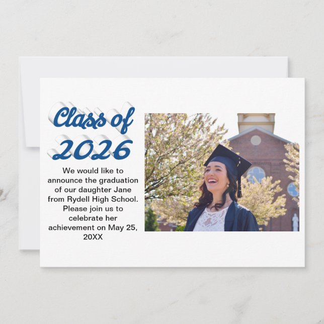Class of 2026 blue script  graduation photo invitation (Front)