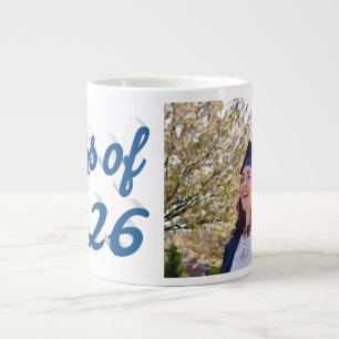 Class of 2026 blue script graduation photo large coffee mug