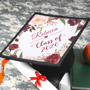 Class of 2026 Burgundy Blush Floral Graduate Graduation Cap Topper