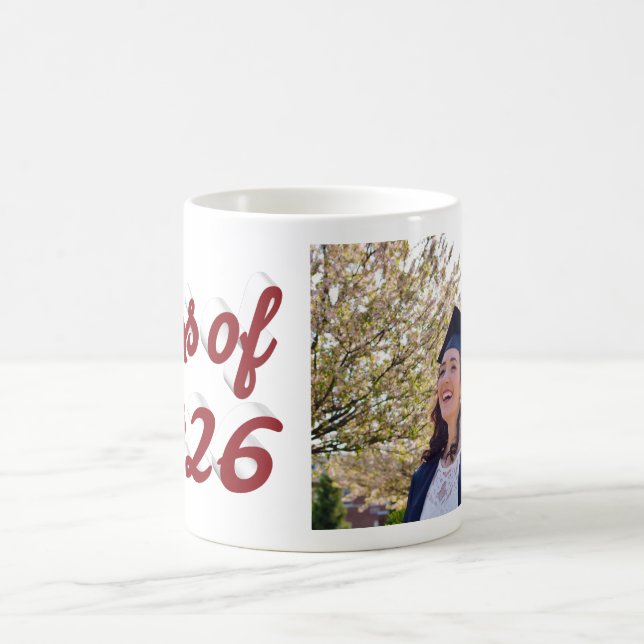 Class of 2026 burgundy script graduation photo  coffee mug (Center)