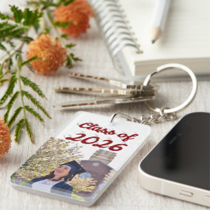 Class of 2026 burgundy script graduation photo keychain