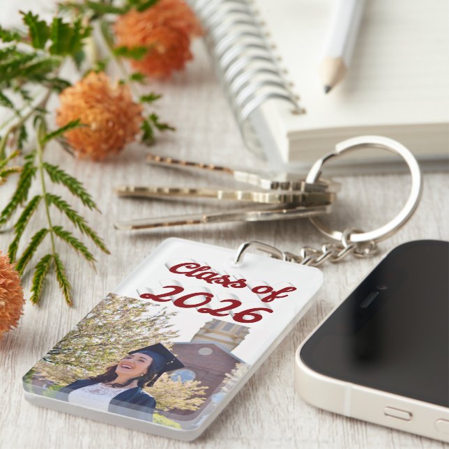 Class of 2026 burgundy script graduation photo   keychain (Front Right)