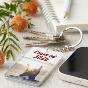 Class of 2026 burgundy text graduation photo keychain
