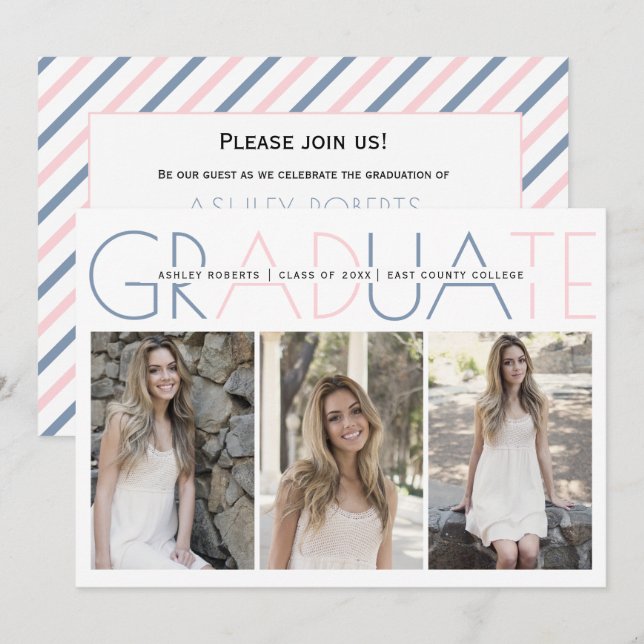 Class of 2026 dusty blue blush graduation photo invitation (Front/Back)
