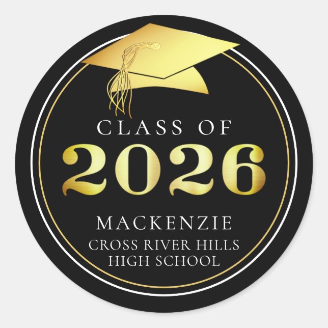 Class of 2026 Elegant Black Gold Personalized Classic Round Sticker (Front)