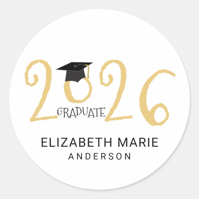 Class of 2026, Gold and Black Personalized Classic Round Sticker (Front)