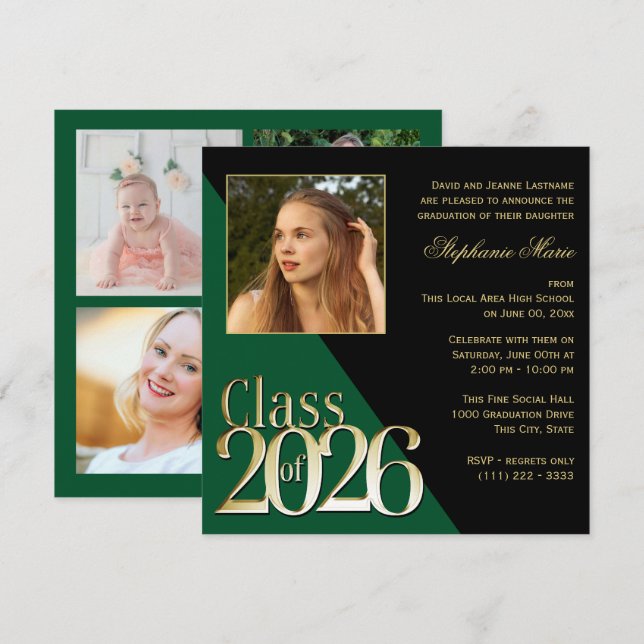 Class of 2026 Gold Grad Green with Photo Invitation (Front/Back)