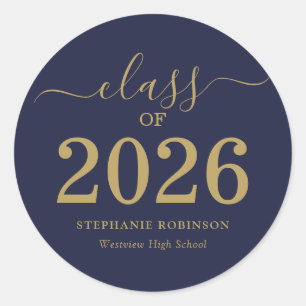 Class of 2026 Gold Script Blue Graduation Classic Round Sticker