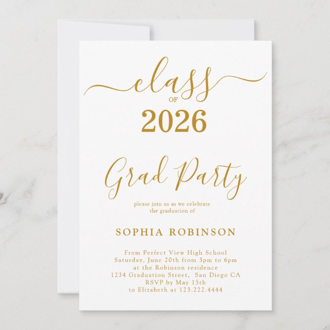 Class of 2026 Gold Script Modern Graduation Party Invitation (Front)
