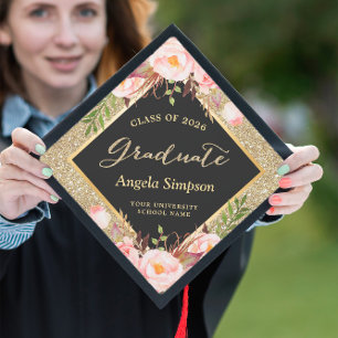 Class of 2026 Gold Whimsical Floral Celebration Graduation Cap Topper
