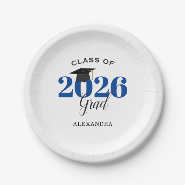Class of 2026 Grad Simple Blue and Black Paper Plate (Front)