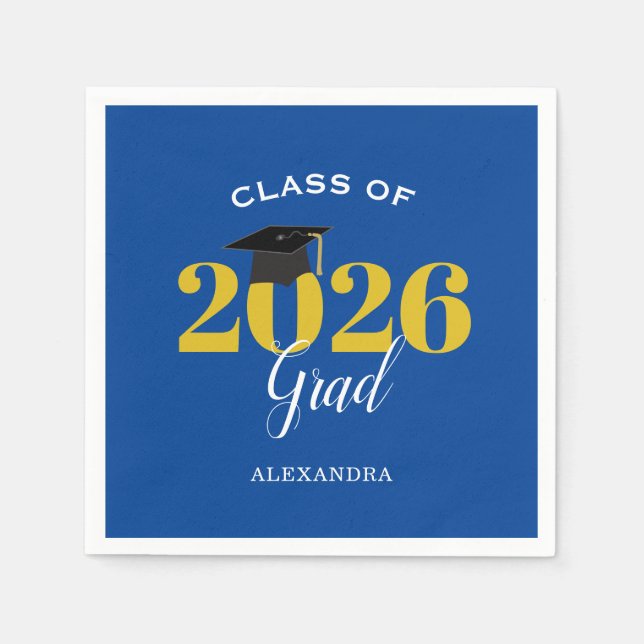Class of 2026 Grad Simple Blue and Gold Paper Plat Napkin (Front)