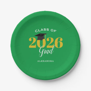 Class of 2026 Grad Simple Green and Gold Paper Plate