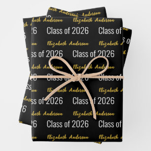Class of 2026 Grad's Full Name Black White Gold Wrapping Paper Sheet