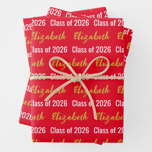 Class of 2026 Grad's Name Red Black White Gold Wrapping Paper Sheet