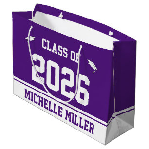 Class of 2026 Graduate Name Royal Purple and White Large Gift Bag