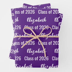 Class of 2026 Graduate Name Royal Purple and White Wrapping Paper Sheet