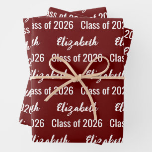 Class of 2026 Graduate's Name Dark Red and White Wrapping Paper Sheet