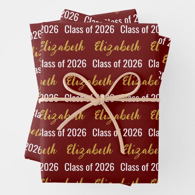 Class of 2026 Graduate's Name Dark Red White Gold Wrapping Paper Sheet (In situ)