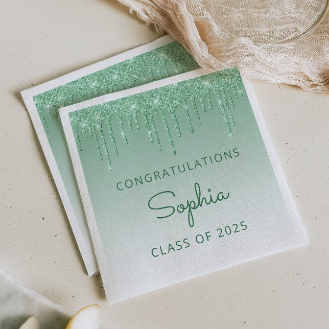 Class of 2026 Green Glitter Drip Graduation Napkin (Creator Uploaded)