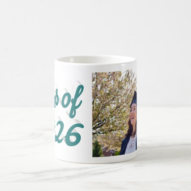 Class of 2026 green script graduation photo  coffee mug (Center)