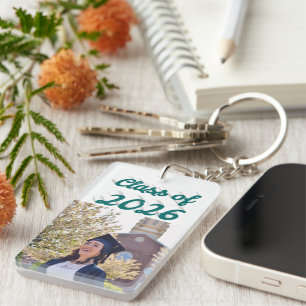 Class of 2026 green script graduation photo keychain