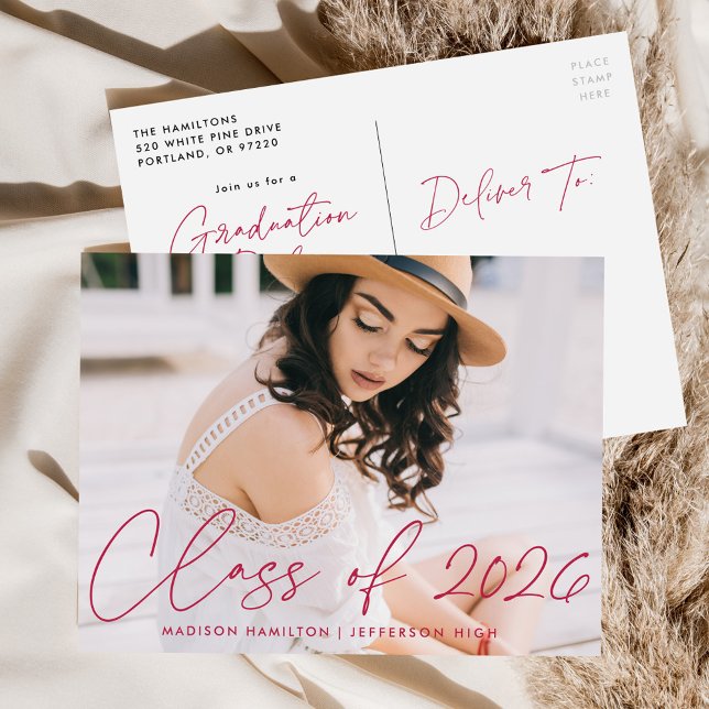 Class of 2026 Magenta Script Photo Graduation Invitation Postcard (Creator Uploaded)