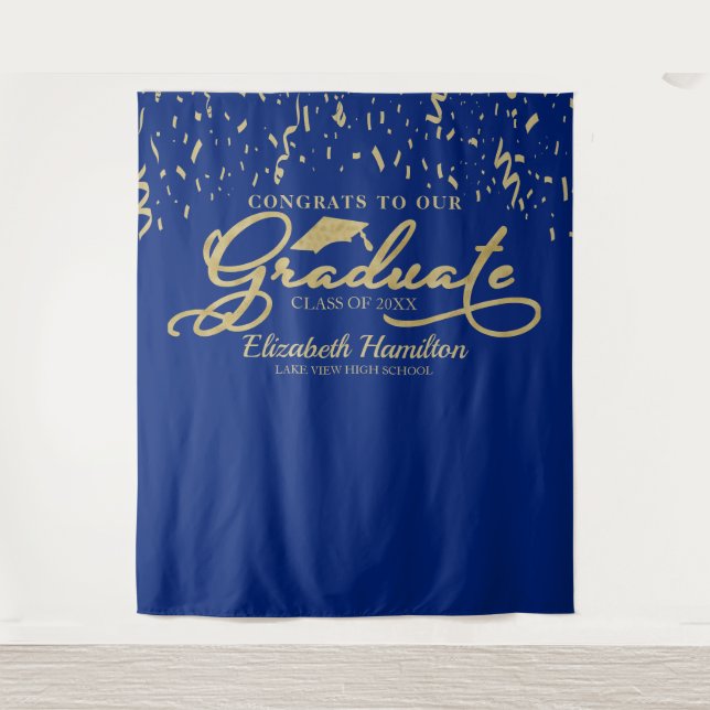 Class of 2026 Navy and Gold Graduation Backdrop Tapestry (Front)