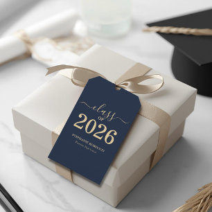 Class of 2026 Navy Blue Gold Script Graduation Gift Tags