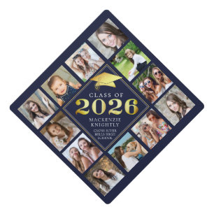 Class of 2026 Navy Gold 12 Photo Collage Graduation Cap Topper