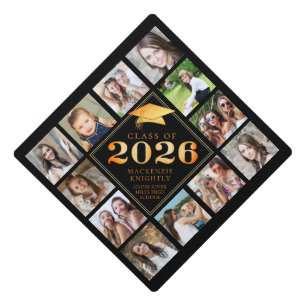 Class of 2026 Photo Collage Black Orange Graduation Cap Topper