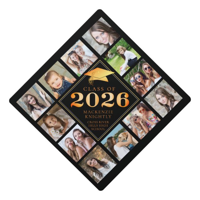 Class of 2026 Photo Collage Black Orange Graduation Cap Topper (Front)