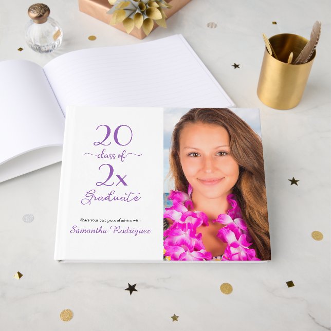 Class Of 2026 Photo Purple Pattern Graduation Guest Book (Front Open)
