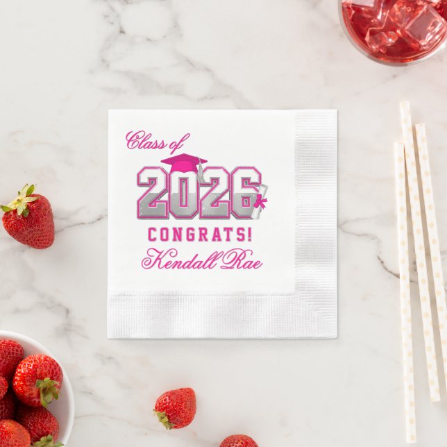 Class of 2026 Pink Silver Graduation Varsity Napkin (Insitu)