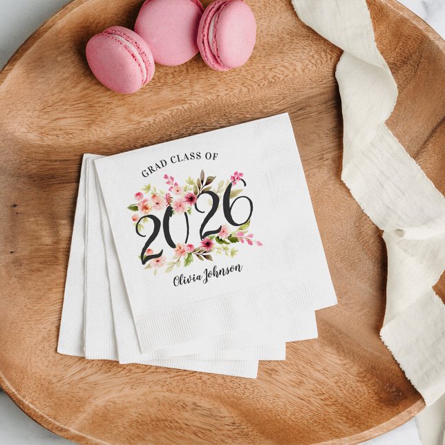 Class of 2026 Pink Watercolor Flowers Graduation Napkin (Creator Uploaded)