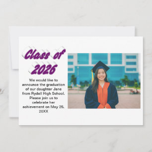 Class of 2026 purple typography graduation photo invitation