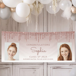 Class of 2026 Rose Gold Glitter 2-Photo Graduation Banner